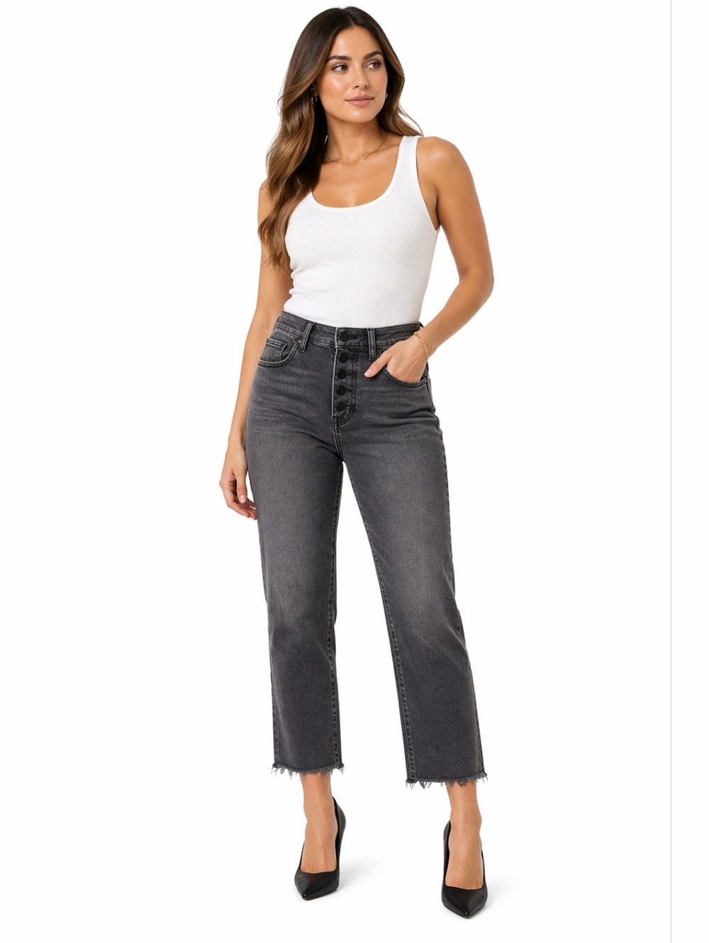 Good American Gray Cropped Jeans High Rise Button Fly Raw Hem Women’s 16